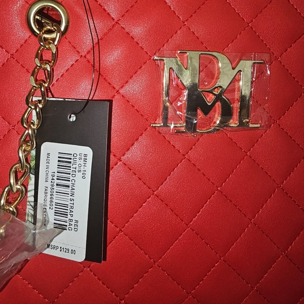 Badgley Mischka Large Red Quilted Shoulder Bag with Gold Chain ❤️ - Picture 3 of 16